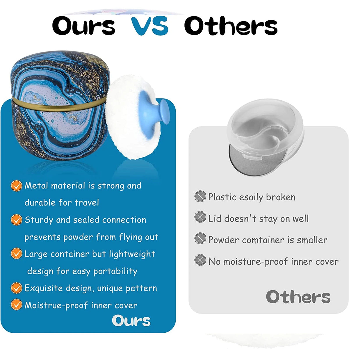 Comparaison d'une boîte en poudre à motif métallique contre une alternative en plastique.