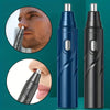 A black and blue electric nose hair trimmer shown in various angles for gentle grooming.