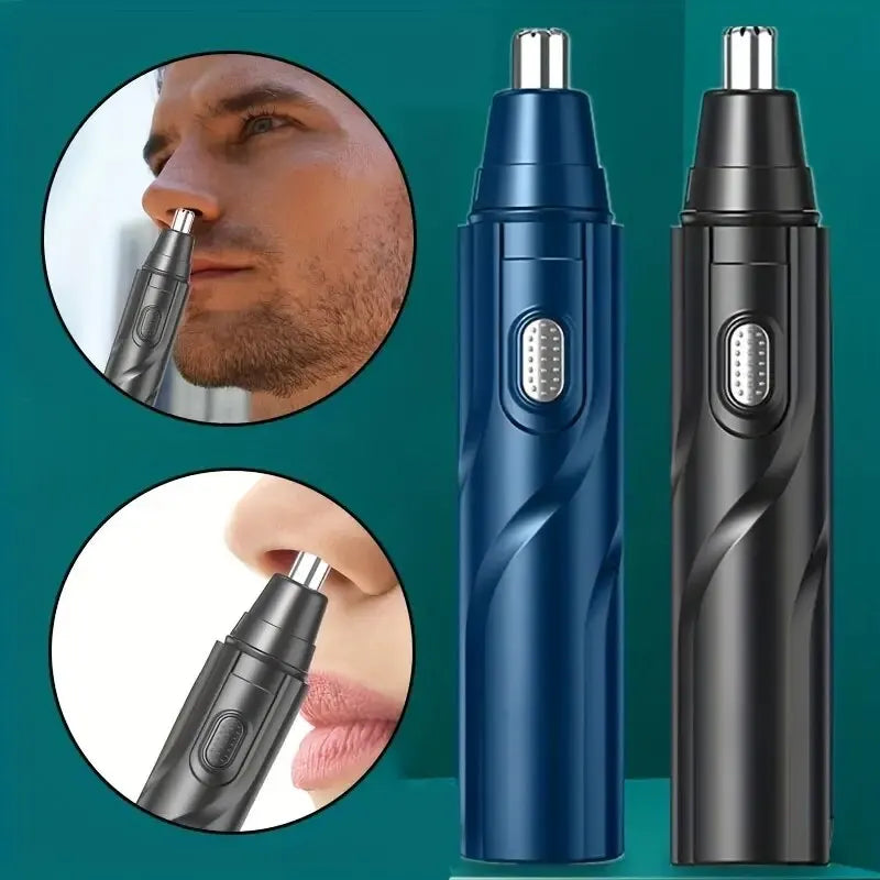 A black and blue electric nose hair trimmer shown in various angles for gentle grooming.