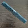A blue anti-static professional hair cutting comb lying diagonally on a wooden surface.