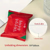 A red individually wrapped disposable towel is shown next to its unfolded dimension and a circular measurement guide.