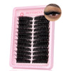 Pink lash tray with natural wispy lash clusters and a close-up of applied lashes