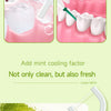 A white dental floss stick is shown next to illustrations of interdental brushing and a fresh mint leaf.