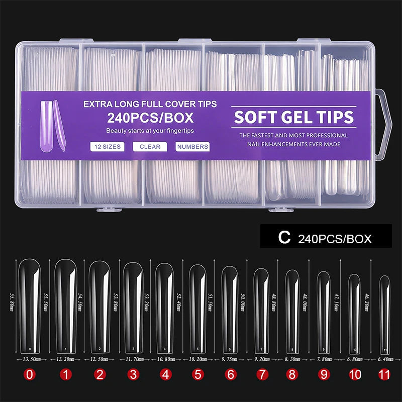 Boîte de 240 pointes de ongles en gel souple C-curve extra longues, emballage transparent