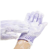 Purple exfoliating mitts being used on a person's hand for body massage