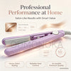 A purple professional hair curler and straightener tool shown with various heat settings and quality features.