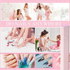 A collection of nail care products including a portable UV LED nail dryer, polish, and various nail tools.