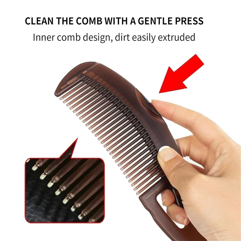 A hand is gently pressing the inner comb design of a brown hair comb to extrude dirt.