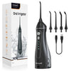 A black Morwell oral irrigator device with multiple tips and a charging cable displayed next to its packaging.
