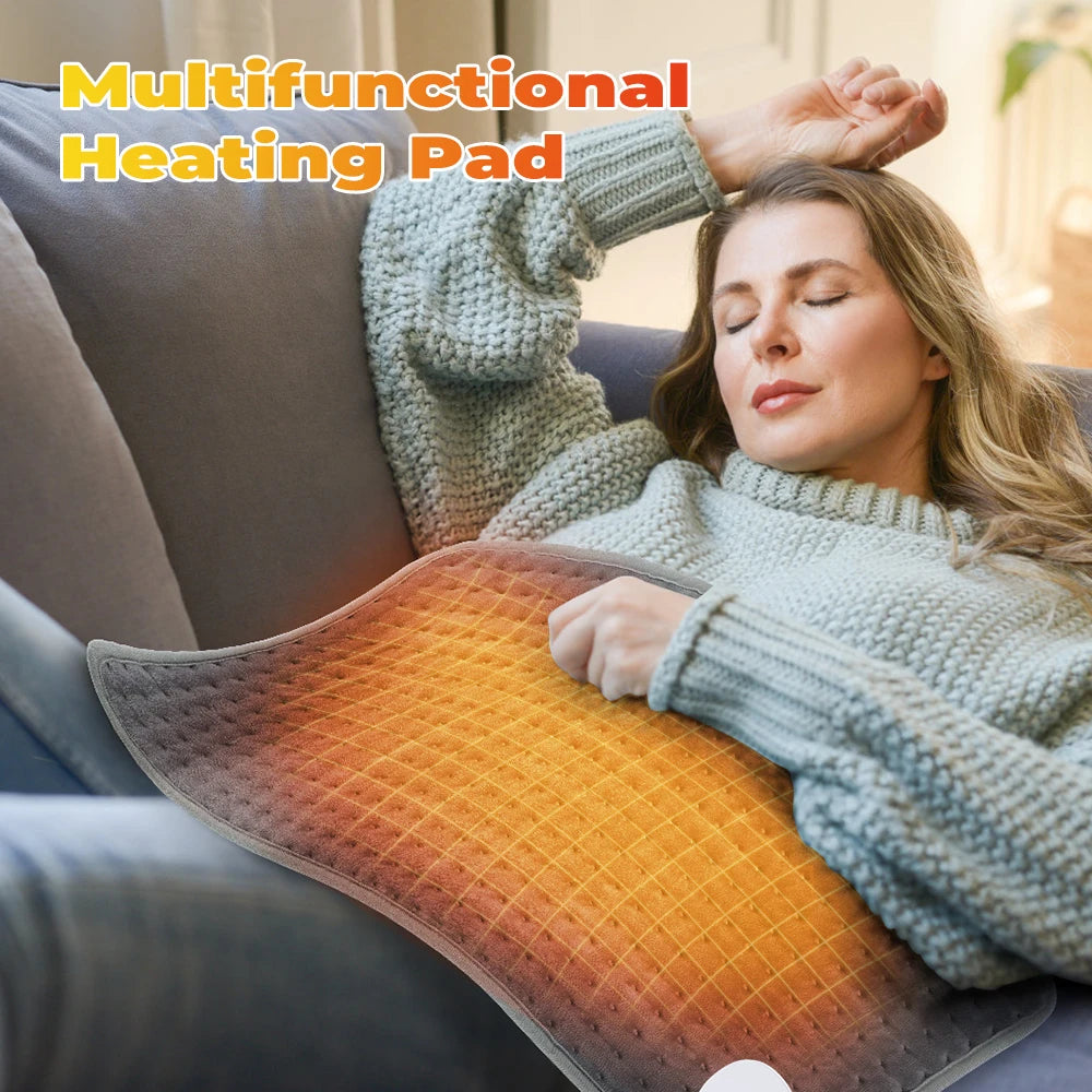 A woman is using a multifunctional heating pad on her neck while relaxing on a couch.