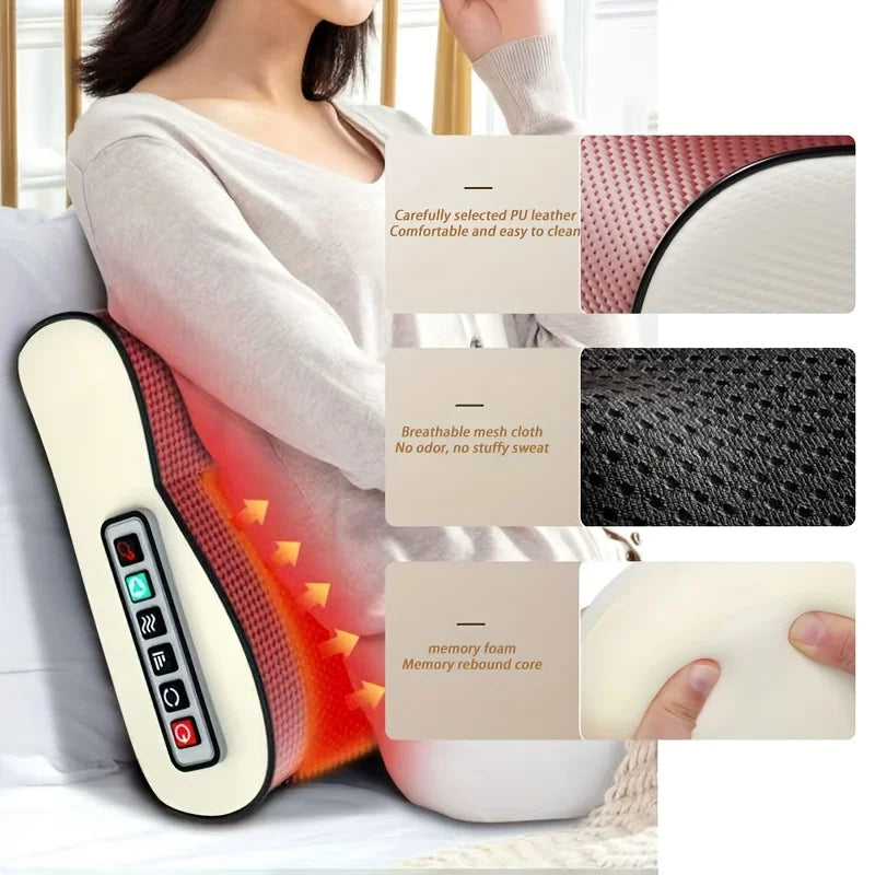 A deep kneading massage pillow with soothing heat is shown next to a woman, highlighting its features and design.