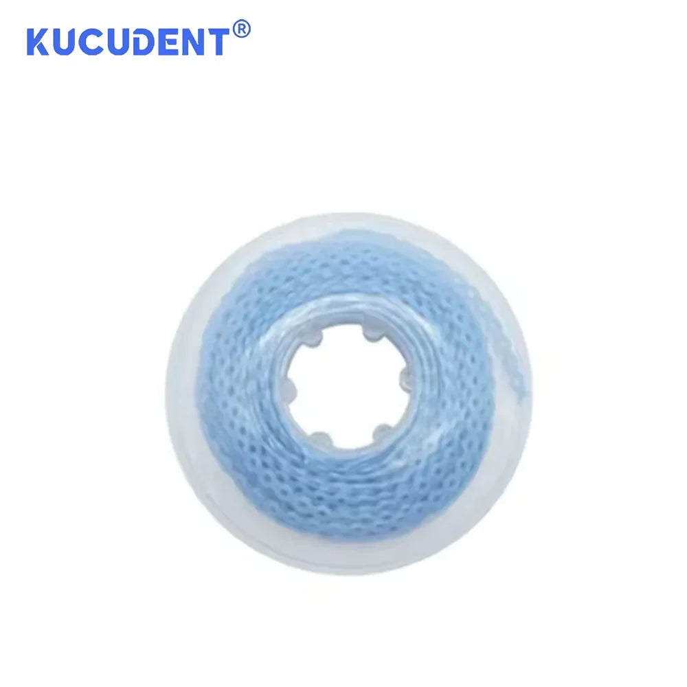 A clear blue dental orthodontic power chain elastic rubber band.