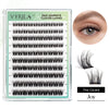 A package of Vyrila self-adhesive cluster lashes showing various lash styles and a close-up of applied lashes on an eye.