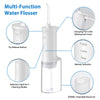 A white multi-function water flosser device showing its components including a tip, charging port, battery indicator, and res