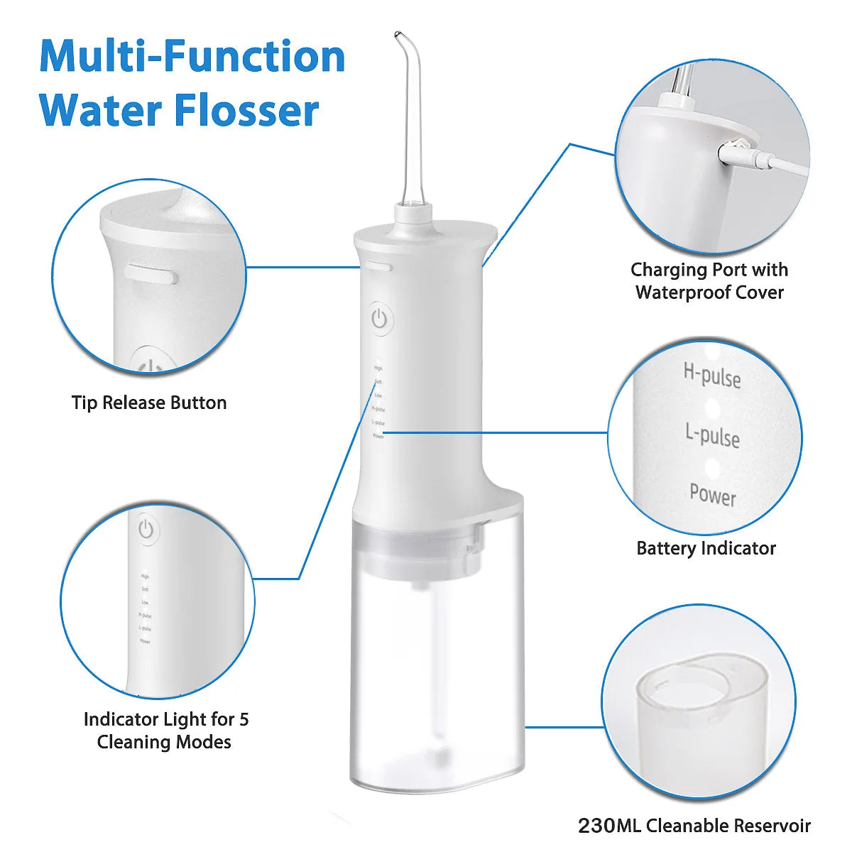 A white multi-function water flosser device showing its components including a tip, charging port, battery indicator, and res