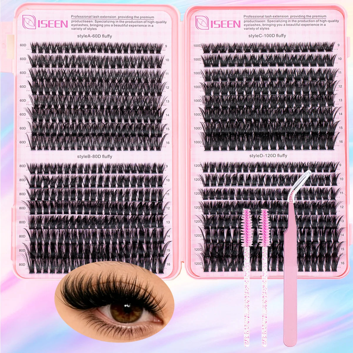 A display of professional lash extensions including style-A-60D, style-C-100D, and style-D-120D clusters.