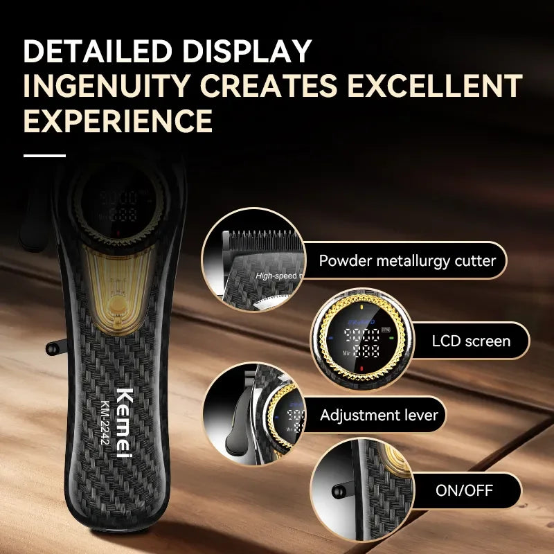 Detailed display of a Kemi KM-2242 electric hair clipper showing the powder metallurgy cutter, LCD screen, adjustment lever, 