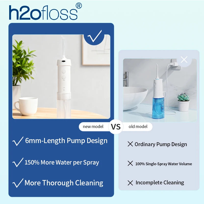 Comparison showing a new 6mm-length pump design for a water flosser versus an ordinary pump design.