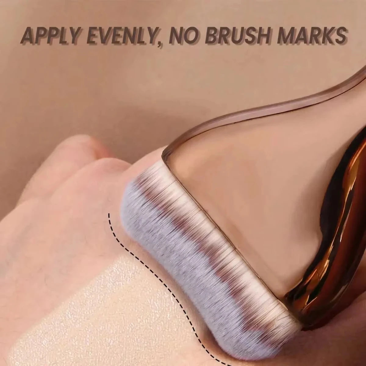 A close-up of a makeup brush set being used to apply product evenly on skin.