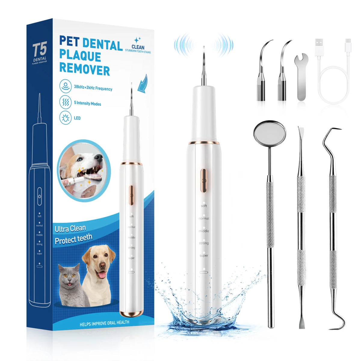A set of T5 dental plaque remover ultrasonic tooth cleaners in various sizes and colors.