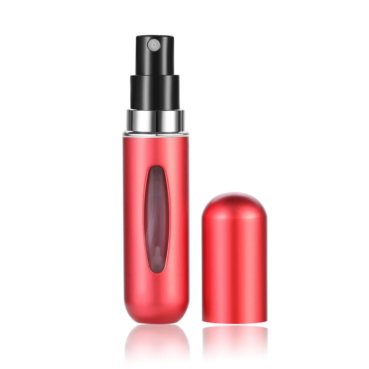 A red portable mini perfume refill spray bottle with a black pump dispenser and a separate red refill component.