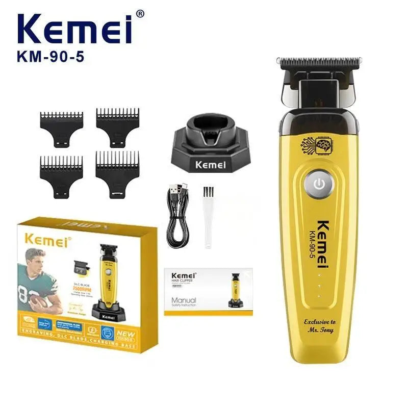 مجموعة ماكينات حلاقة شعر احترافية Kemei KM-90-5 بدون فرشاة وملحقات على خلفية بيضاء.