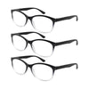 Un ensemble de trois lunettes de lecture avec des montures noires et des verres clairs, vues de face.