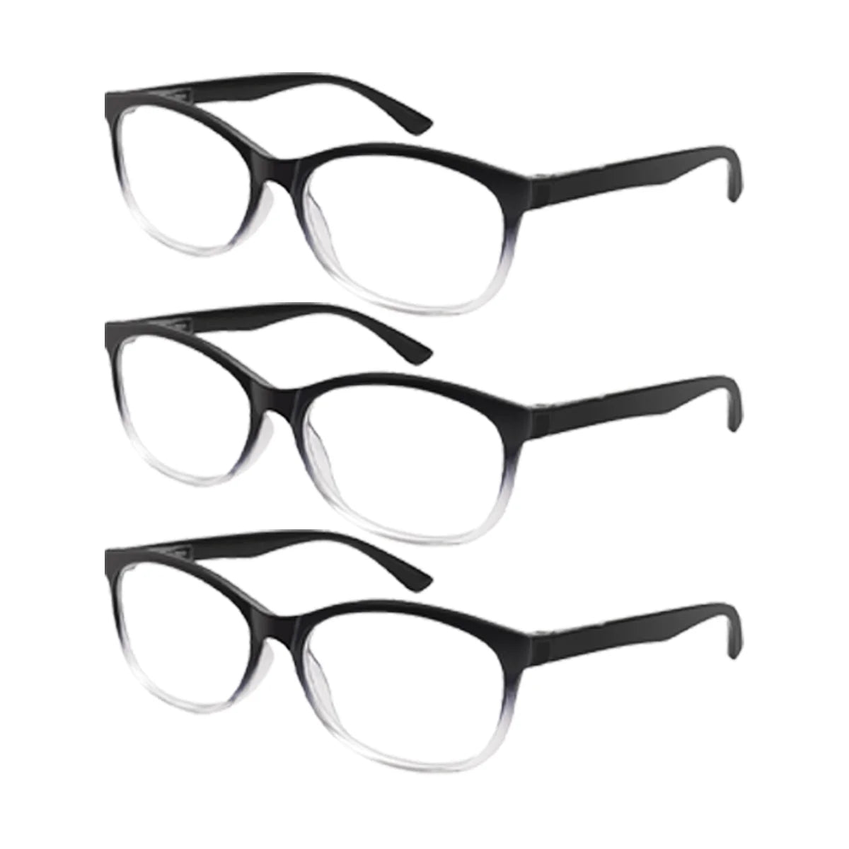 Un ensemble de trois lunettes de lecture avec des montures noires et des verres clairs, vues de face.