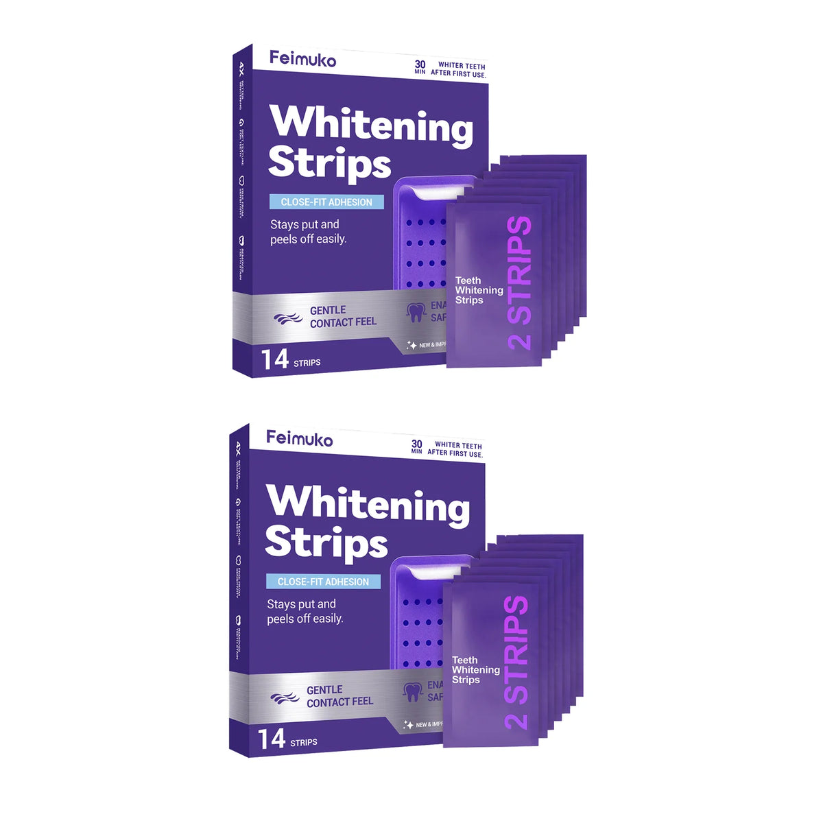 Box of Feimuko Whitening Strips in purple packaging with instructions and strips visible.