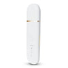 A white ultrasonic facial scrubber and ion cleaning device standing vertically.