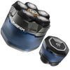 A precision electric shaver with magnetic charging components shown in a close-up view.