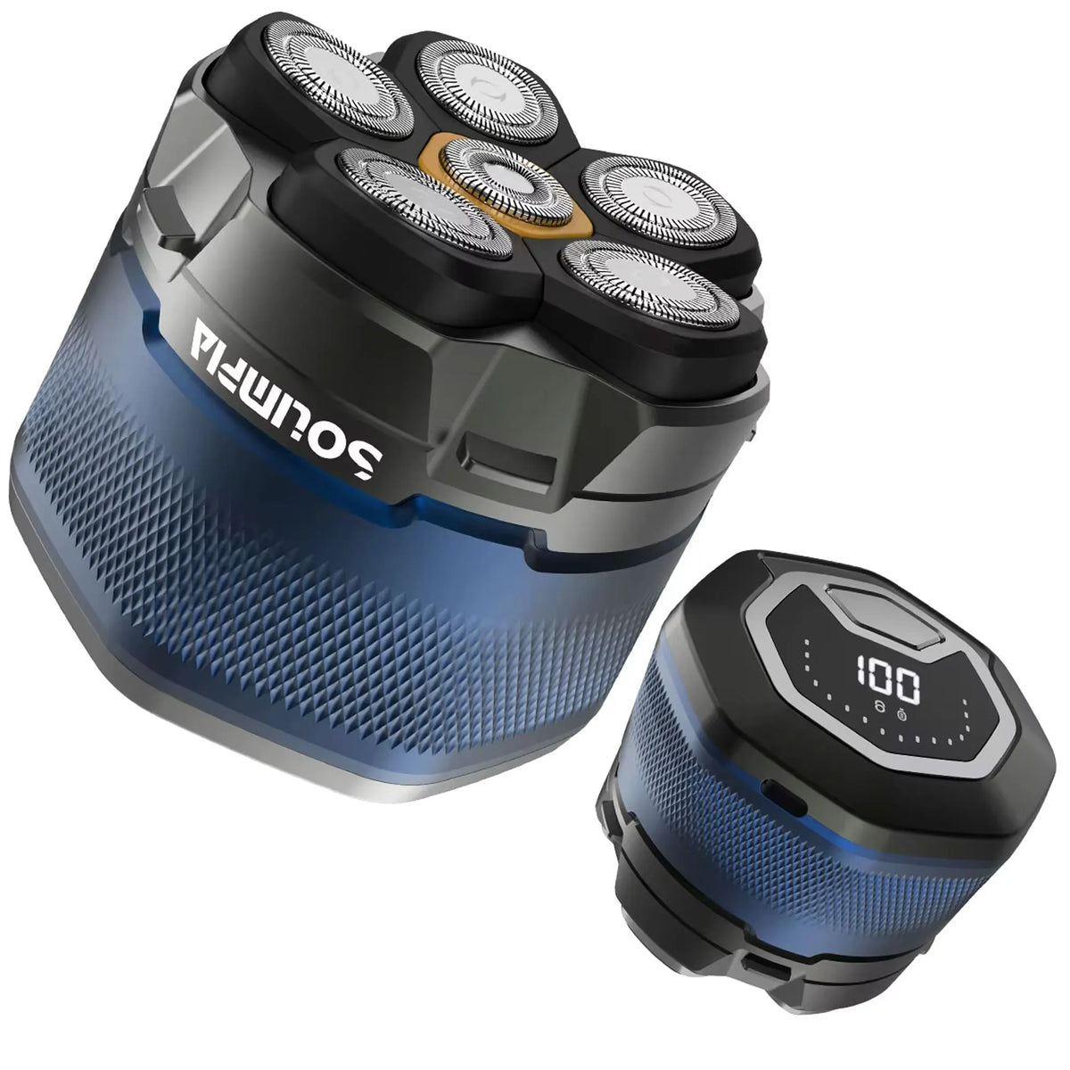 A precision electric shaver with magnetic charging components shown in a close-up view.