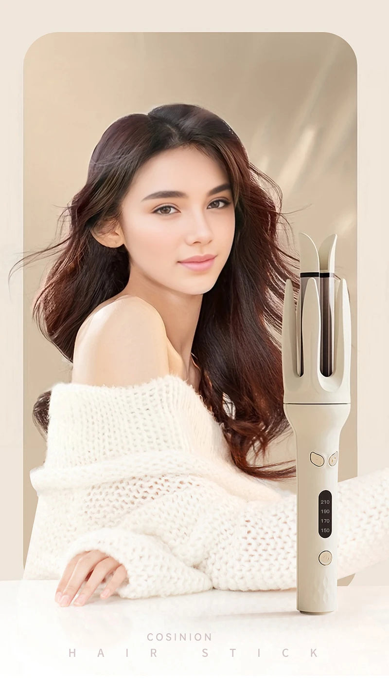 A woman models an automatic ceramic hair curler with negative ions, showing the device and a knitted sweater.