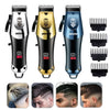 Tres versiones de un recortador eléctrico vintage para el cabello en negro, dorado y azul con primeros planos de la herramien