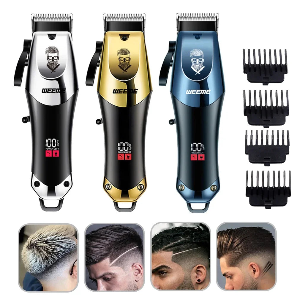 Three versions of a vintage cordless electric hair clipper in black, gold, and blue with close-ups of the device.