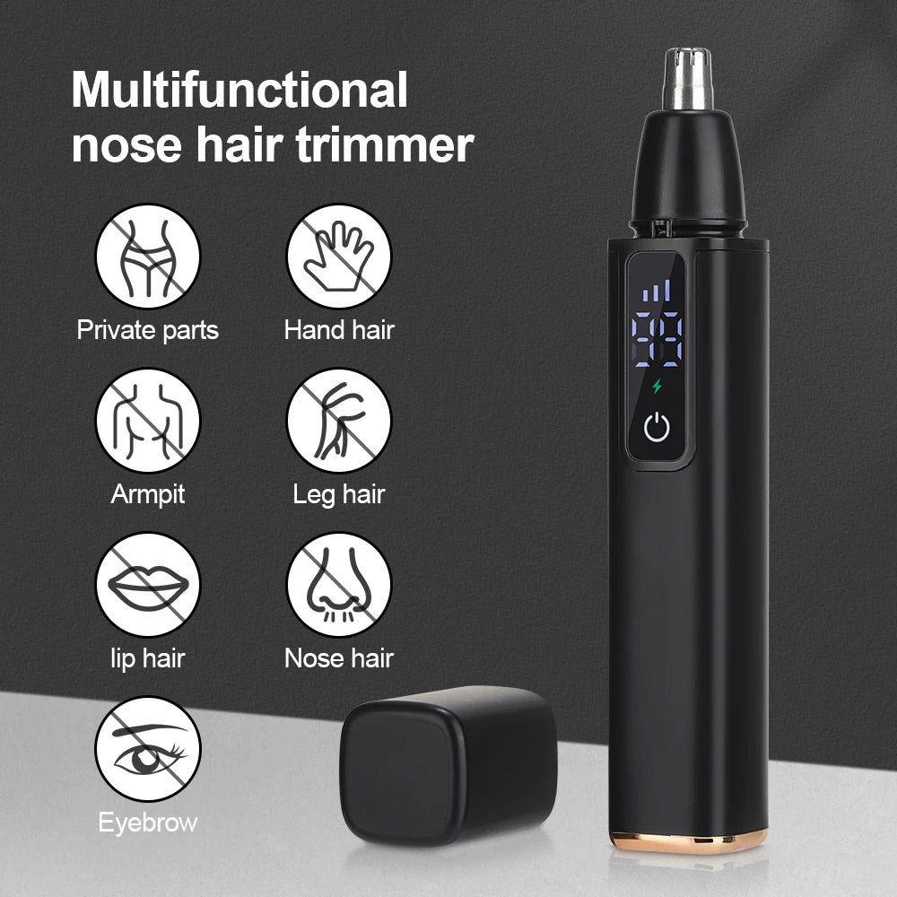 A black portable electric nose hair trimmer is shown next to various facial and body hair trimming icons.