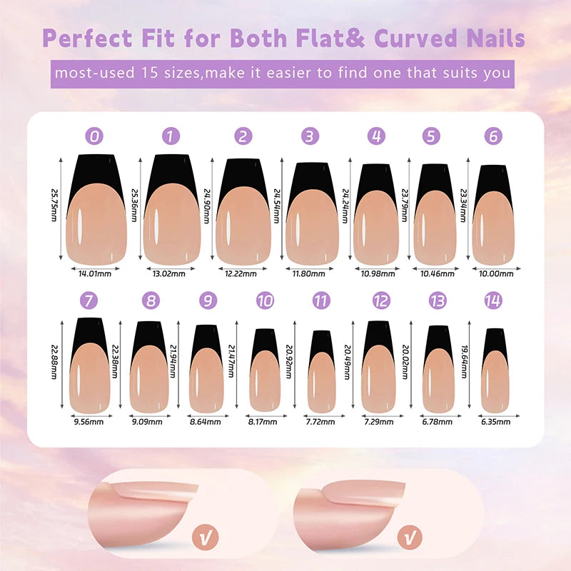 A display of 15 sets of almond press-on nails in rich coffee black, showing various sizes and shapes.