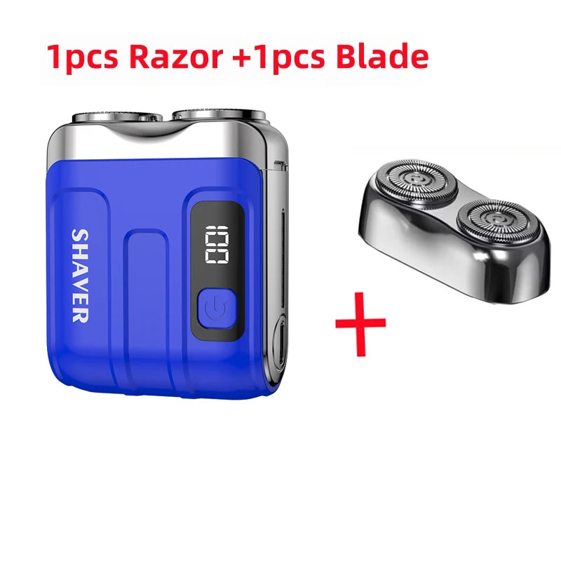 A blue electric shaver and a replacement blade are shown next to each other.