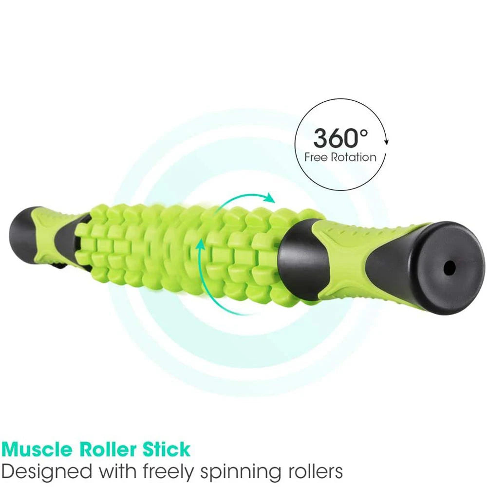 A bright lime green muscle roller stick with black grips shown rotating in 360 degrees.