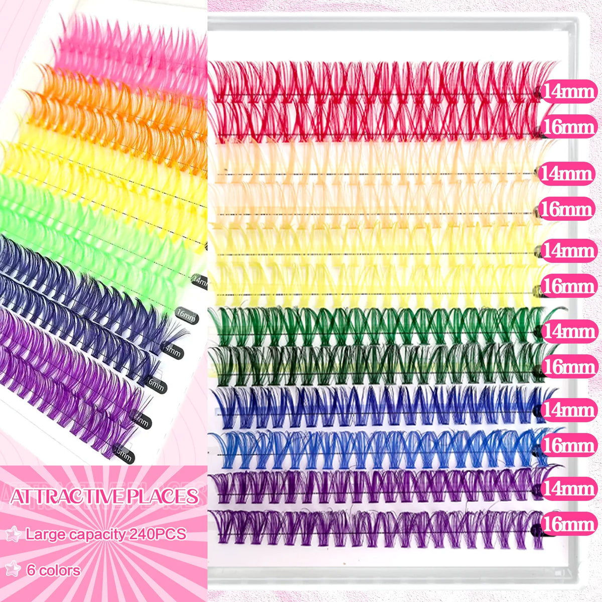 A display of mixed cluster false eyelash kits in various colors and lengths for beginners.