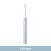 A white electric toothbrush with a blue accent, shown standing upright.