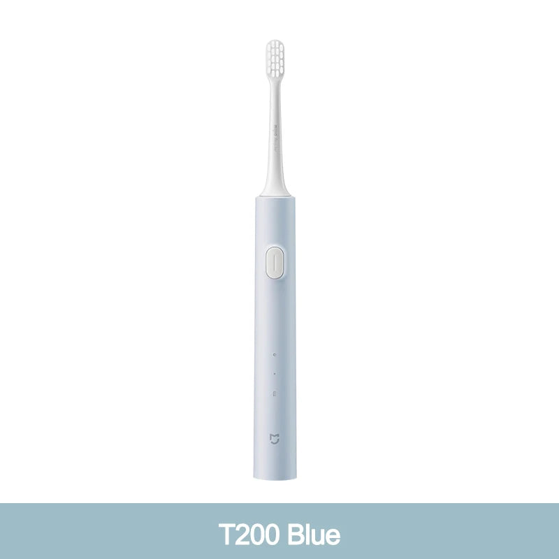 A white electric toothbrush with a blue accent, shown standing upright.