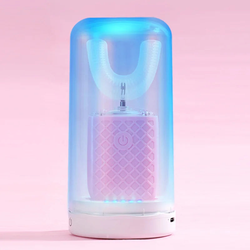 A clear electric toothbrush with a purple light glows inside, featuring a U-shaped brush head.