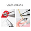 Usage scenarios showing professional toenail clippers used on a red nail and a pink fingernail.