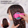 A person is using a pink hair tool to add glitter and colorful beads to dark brown hair for a shiny hairstyle.