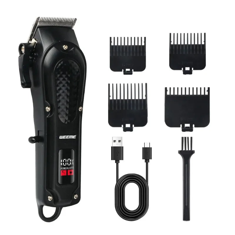 A black 3-in-1 rechargeable barber kit showing the main unit and three interchangeable trimming attachments.