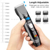 A hand holds a black electric hair clipper with an adjustable cutting length mechanism and various guard attachments.