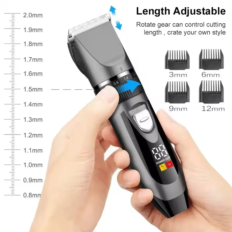 A hand holds a black electric hair clipper with an adjustable cutting length mechanism and various guard attachments.
