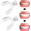 A set of clear silicone mouth guards shown in various angles and applied to teeth for protection.