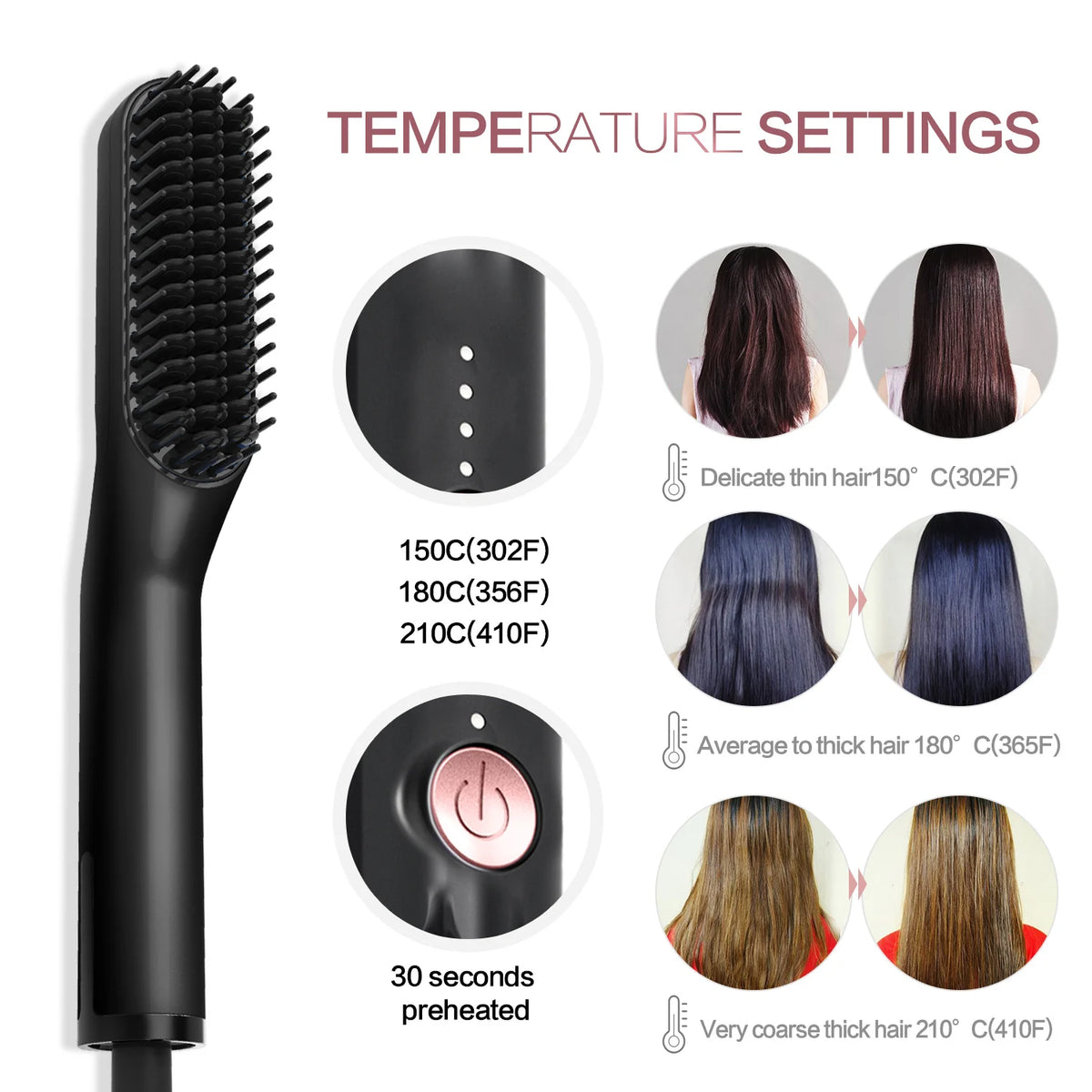 A black professional hair straightening comb with temperature settings and a cord.